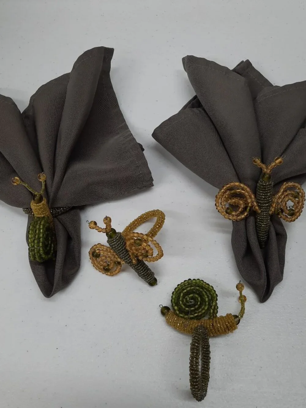 Vintage Beaded Napkin Rings Set of 4 Handmade Butterfly Snail Insect Table Decor